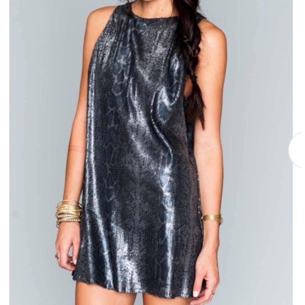 Show Me Your Mumu Karla Party Dress Womens Small Black Silver Sequin Snake Mini